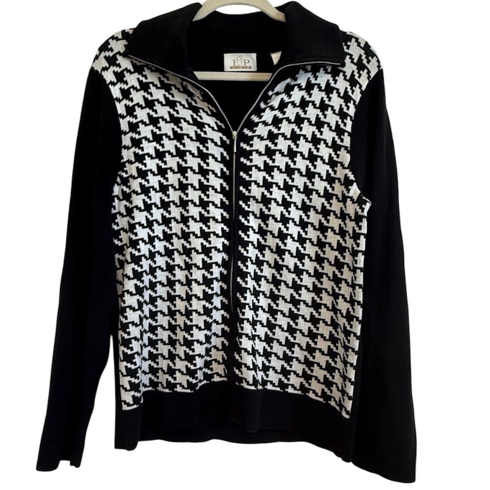 EP Pro Golf Sweater Womens Large Black White Houndstooth Full Zip Cotton Knit